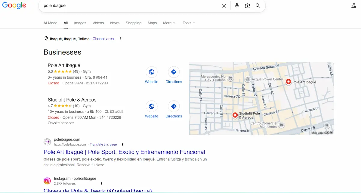 Evidencia de posicionamiento local en Google