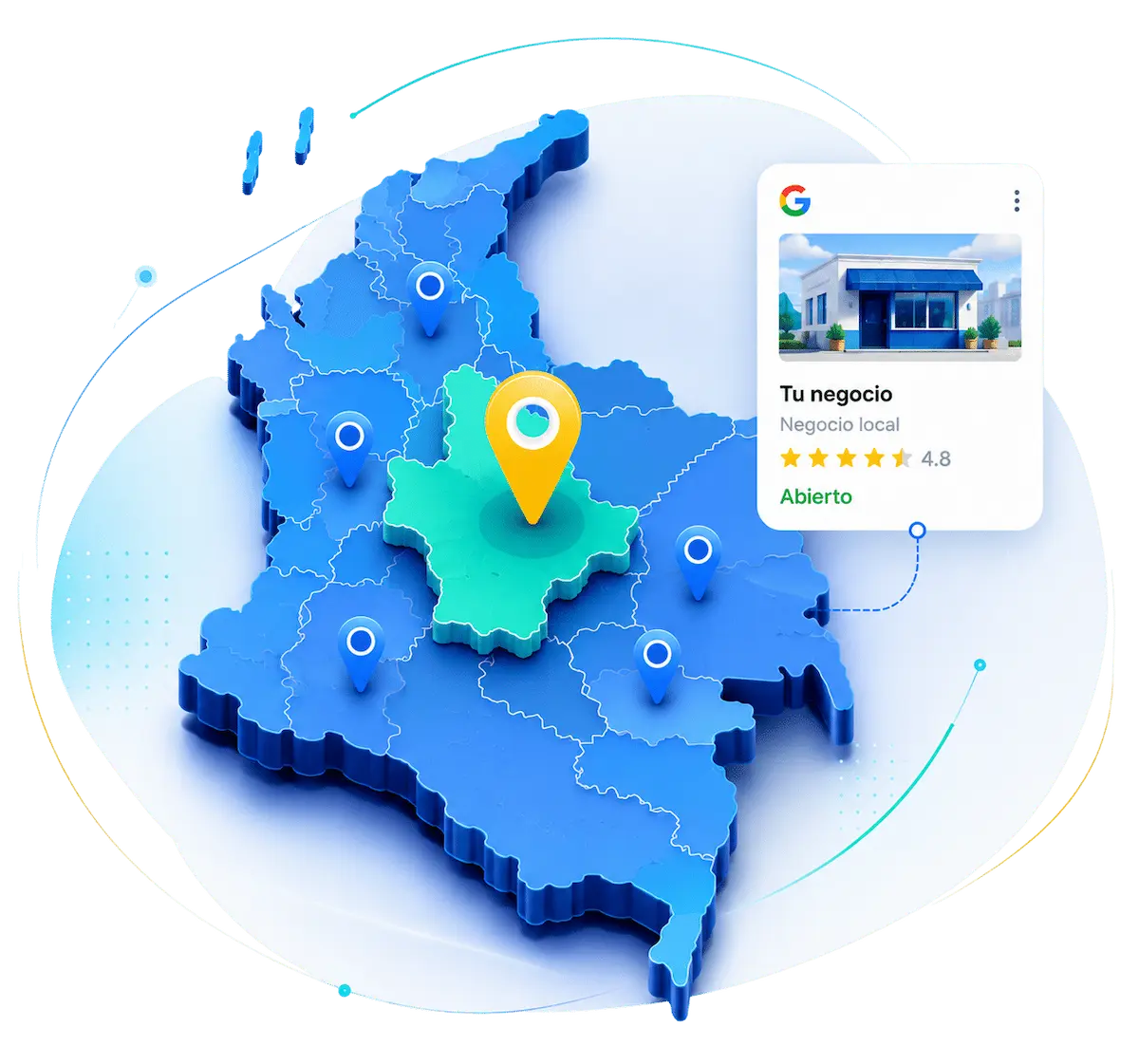 Mapa de Colombia representando estrategia de SEO local en ciudades y regiones