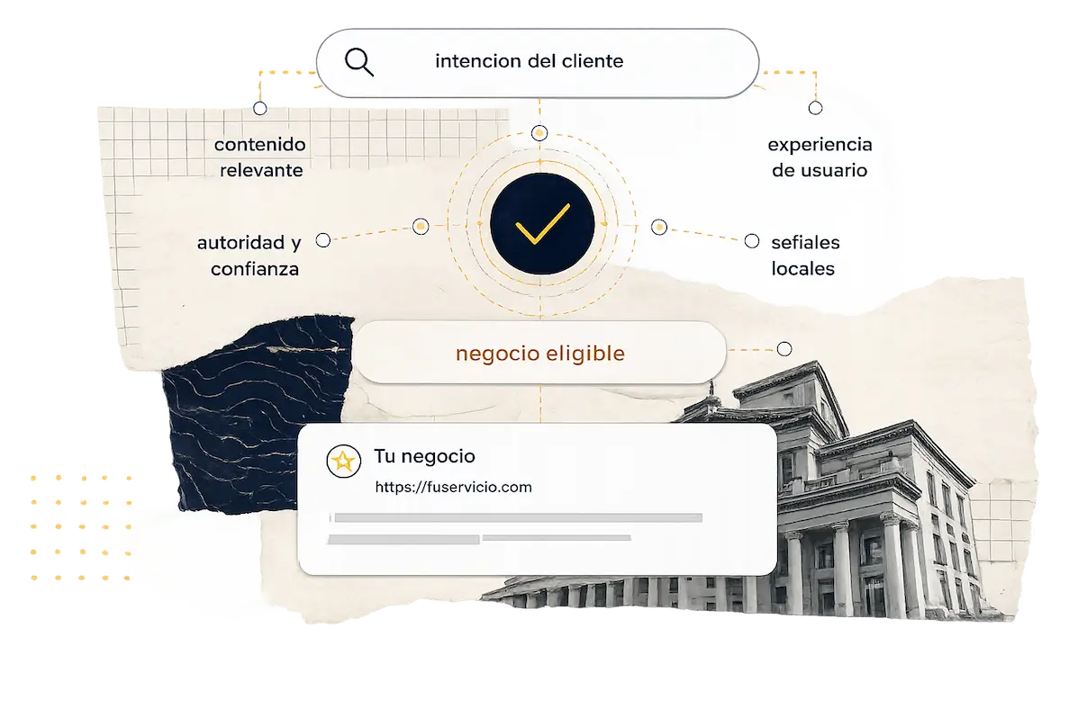 Sistema visual de diagnóstico SEO con intención del cliente, contenido relevante, autoridad, confianza, experiencia de usuario y señales locales