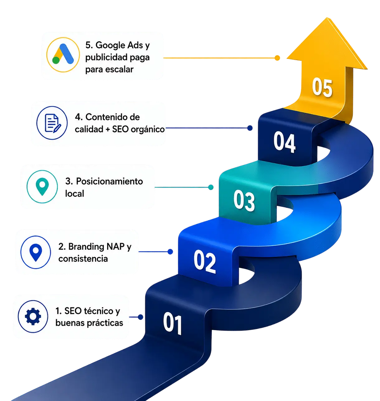 Proceso de crecimiento SEO: SEO técnico, consistencia NAP, posicionamiento local, contenido orgánico y Google Ads